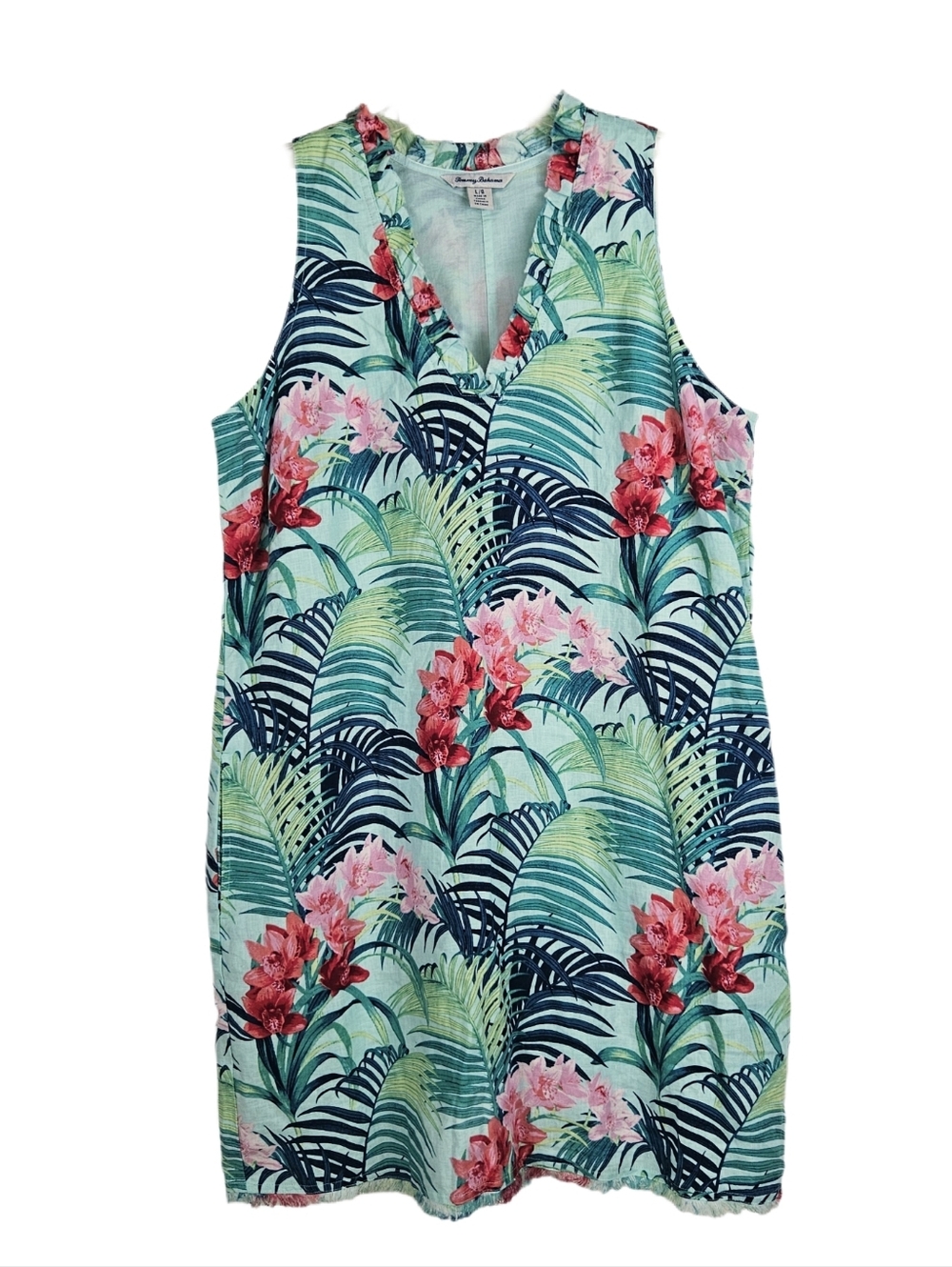 Tommy Bahama linen shift dress vibrant tropical floral print with orchids and pa